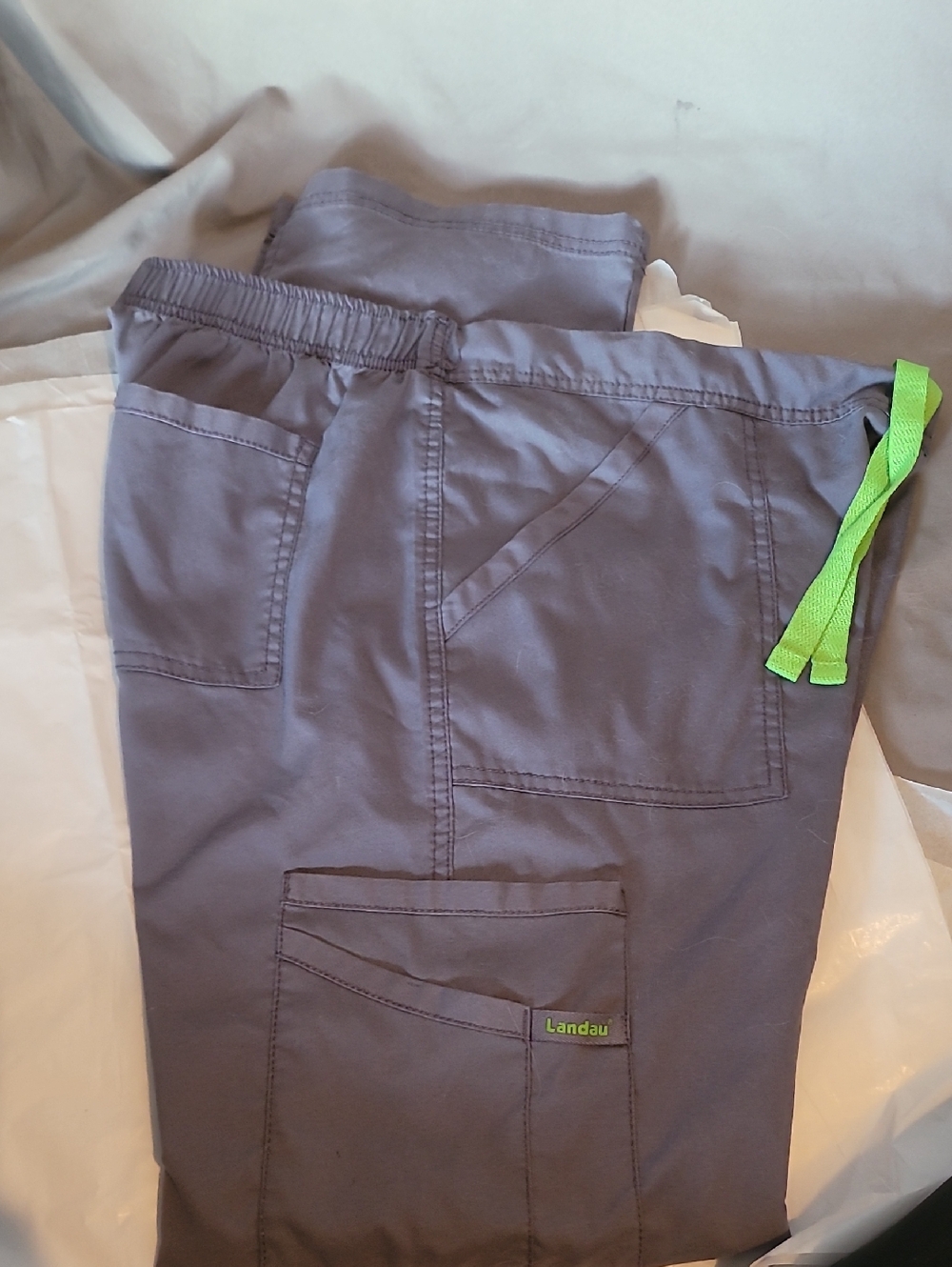 Landau Gray Cargo Scrub Pants with Lime Drawstring Medium